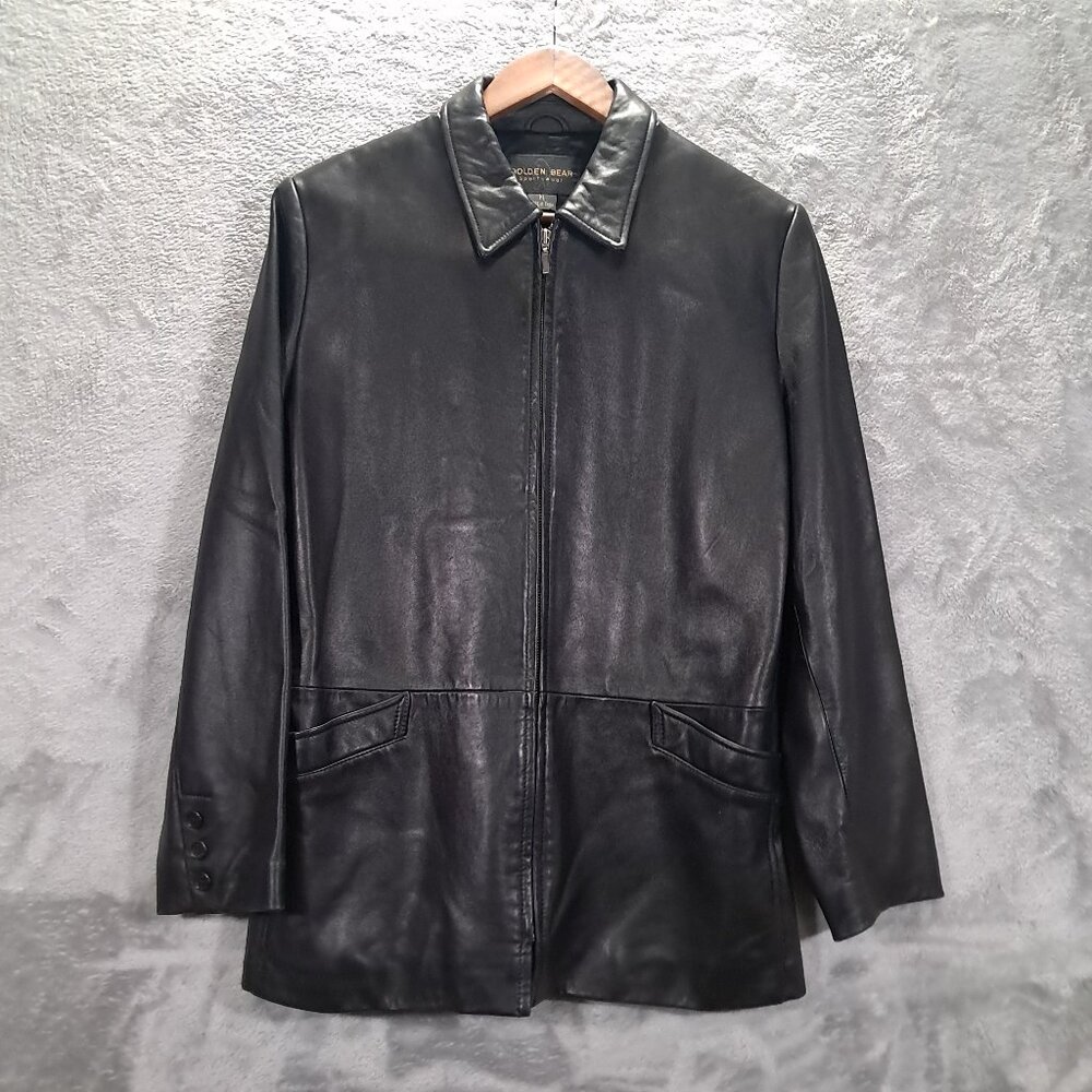 Golden Bear Sportswear Leather Jacket Women M Medium Black Lined Full Zip Casual